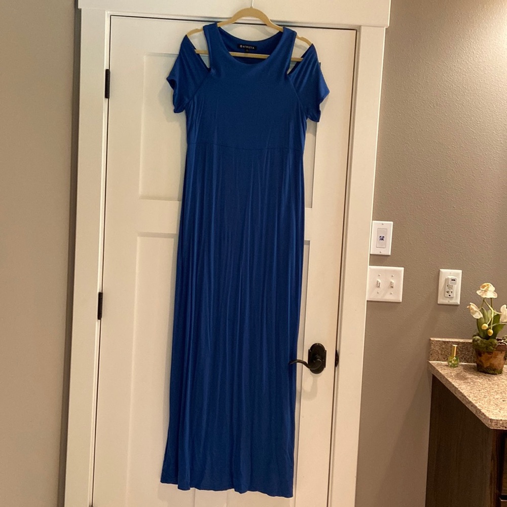 Athleta azure blue large ankle length cold shoulder  knit dress